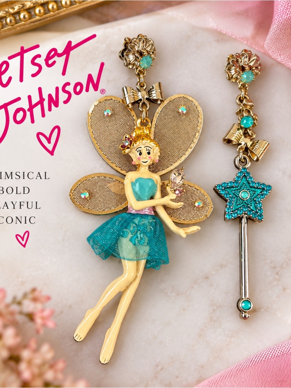 Betsey Johnson Fairy Mismatched Earrings Rhinestone Star Wand Gold Tone Dangle